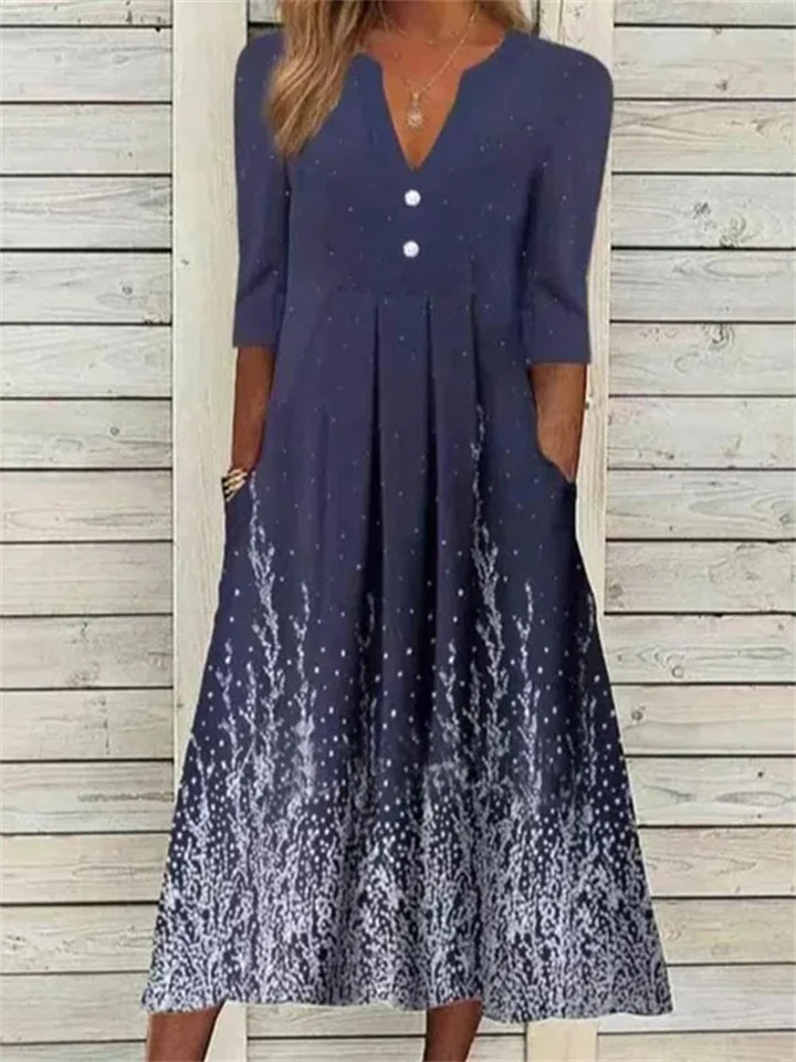 Summer New Dress Digital Printing Pleated V-neck Mid-sleeve Five-part Sleeve Long Dress S-5XL-Hoverseek