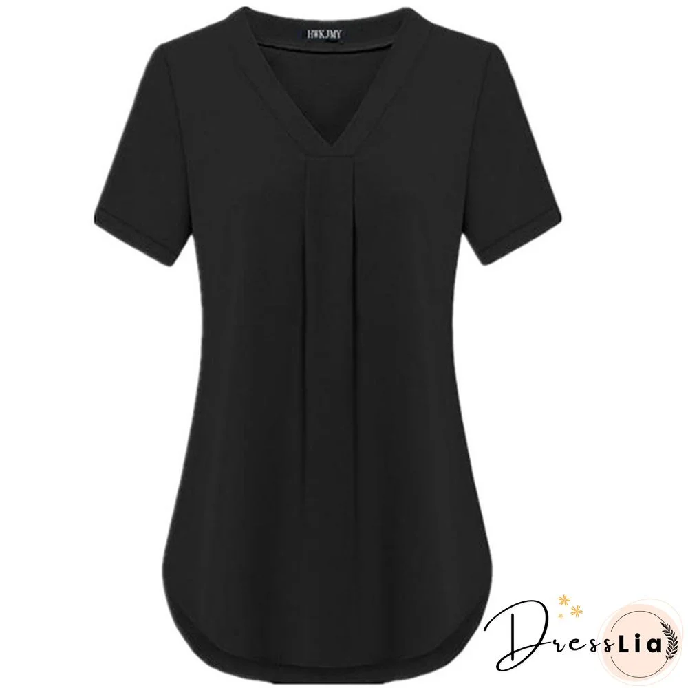 Women's Fashion Summer Sexy V-neck Short Sleeve Shirt Solid Color Loose Pleated Chiffon T-shirt Tops Blouse Plus Size S-6XL