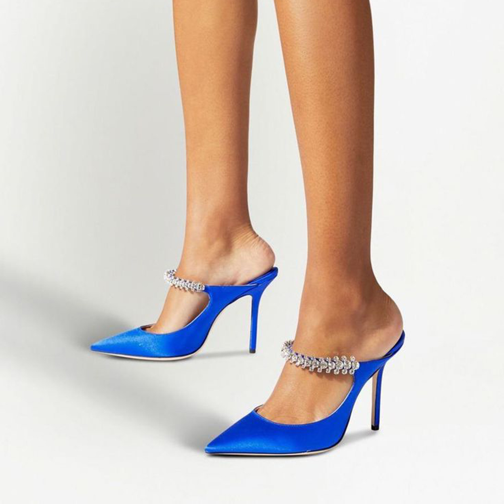 Blue Satin Closed Toe 4'' Stiletto Heel Rhinestone Mules Nicepairs