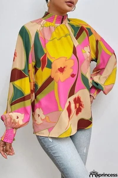 Floral Smocked Lantern Sleeve Mock Neck Blouse