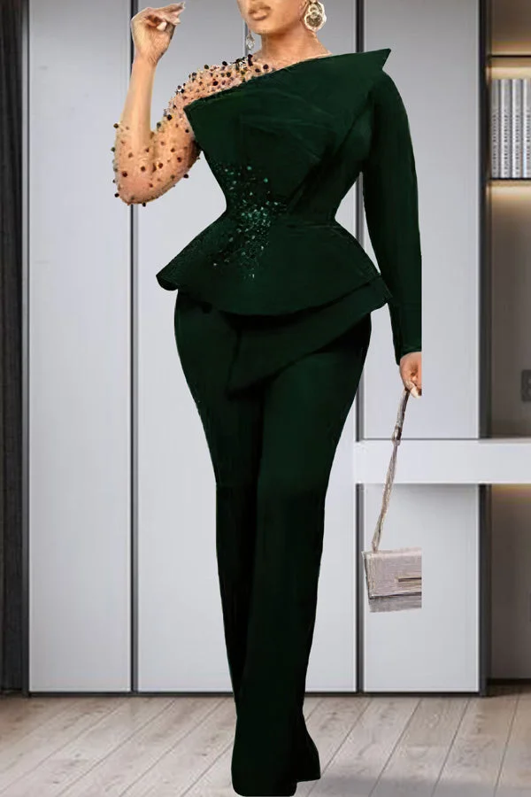 Elegant Mesh Long Sleeve Stitching Beaded A-Line Top Slim Pant Suits