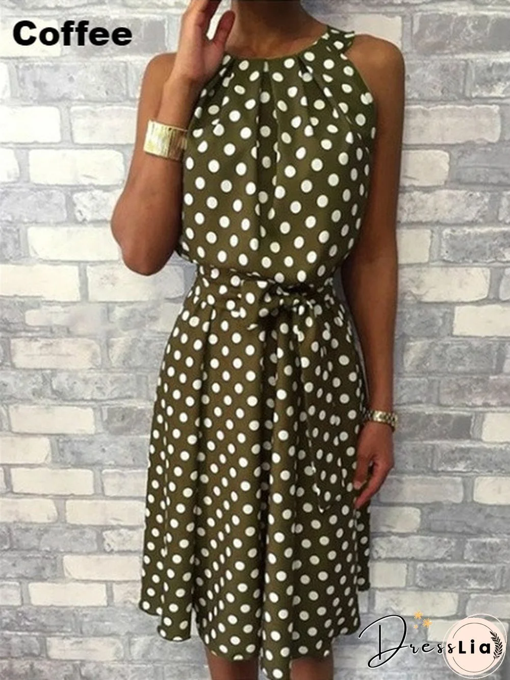 New Fashion Women Round Neck Summer Polka Dot Printed Sleeveless Dress Ladies Casual Mid-length Plus Size Dress