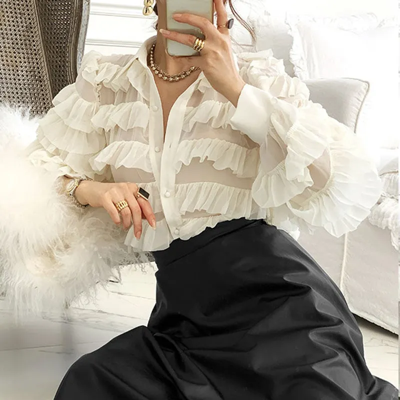 New Spring Korean Ruffles Blouse Women Turn Down Collar Long Sleeve Tops Loose Heavy Work Cupcake Ol Shirt Feminino Blusas 13336