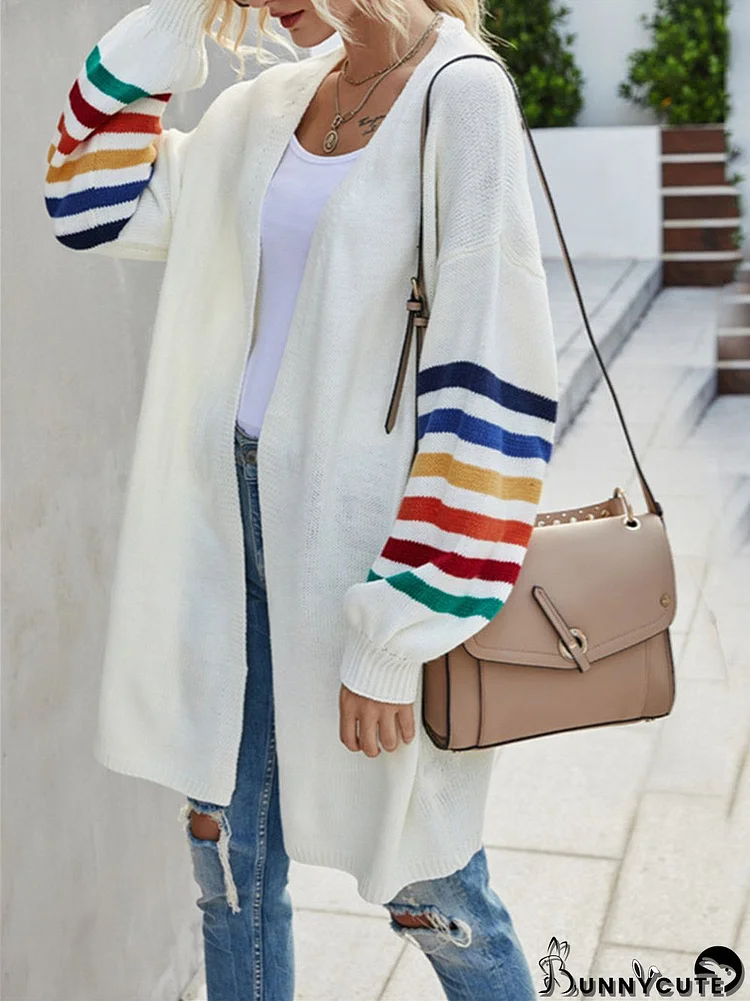 Women's Striped Stitching Solid Color Long Sleeve V-neck Coat