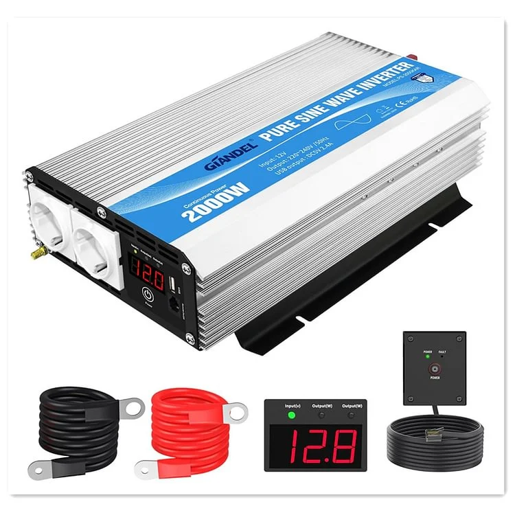 【Für Deutschland】2000W Gebrauchte Produkte Wechselrichter 12V auf 240V Reiner Sinus 2000W Spannungswandler Umwandler-Inverter mit 2 EU-Steckdosen Fernbedienung 2.4A USB und LED-Anzeige Für Wohnmobil Wohnwagen GIANDEL