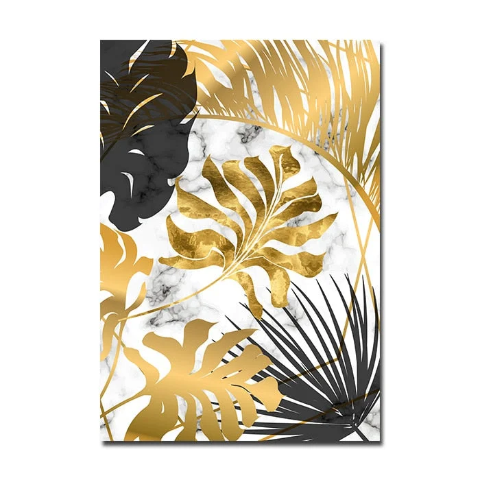 Golden Black Leaf Plants Canvas Painting Marble Nordic Posters and Prints Wall Art Pictures for Living room Modern Home Decor