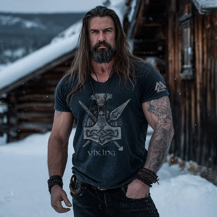 Men's Viking Valknut Celtic Knots With Weapons Print Comfy T-shirt