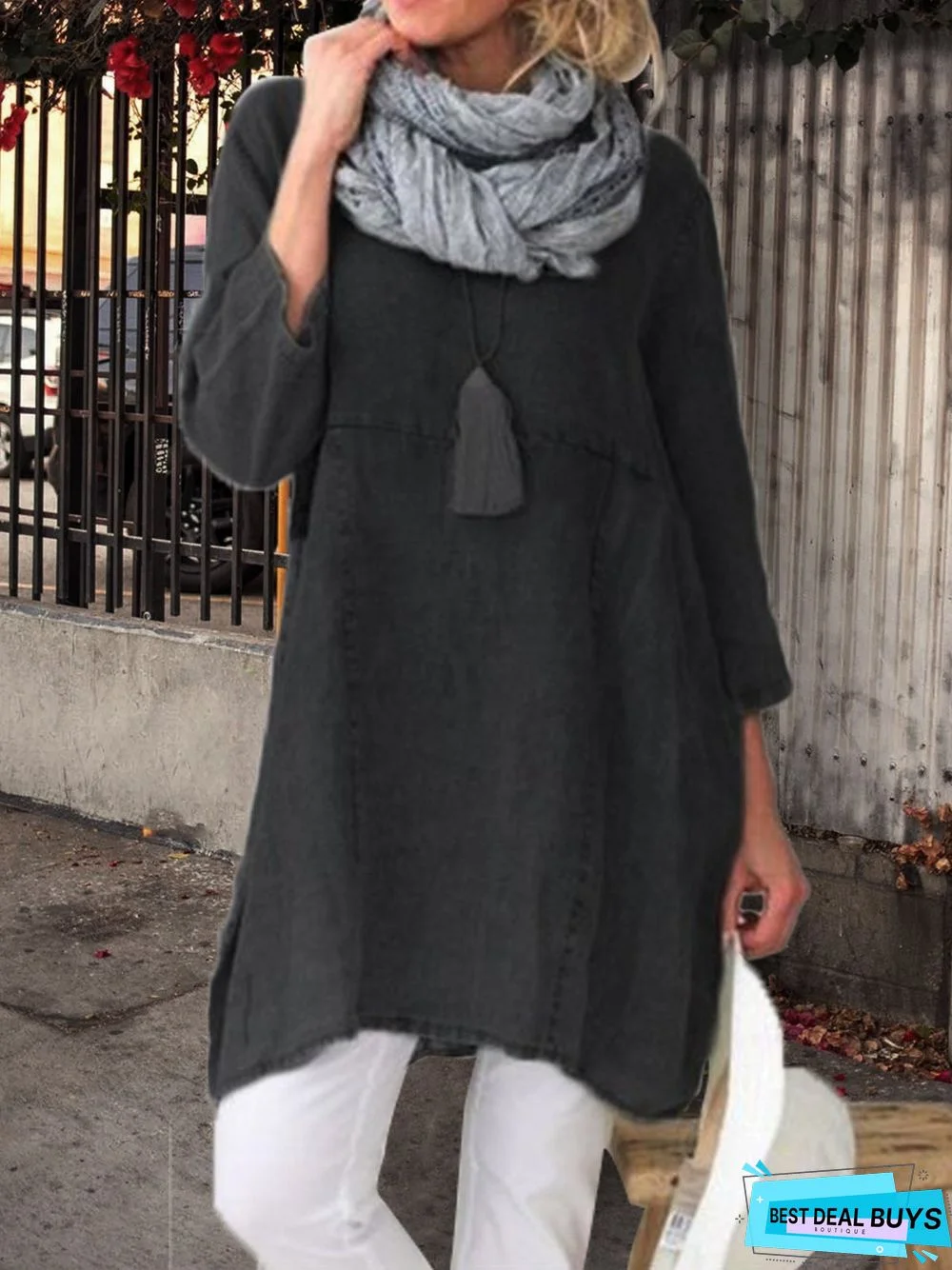 zolucky Plus Size Casual Plain Long Sleeve Linen Dress