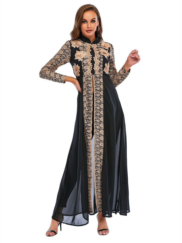 Women's Kaftan Dress Long Dress Maxi Dress Green Black Blue Long Sleeve Floral Embroidered Winter Fall Autumn Stand Collar Romantic Winter Dress Fall Dress 2022 S M L XL XXL