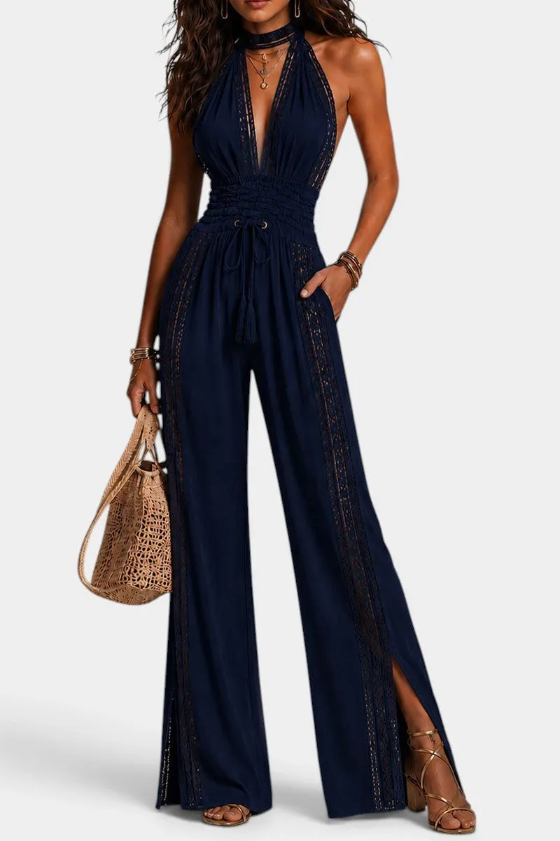 Deep Halter Jumpsuit with Wide Legs and Lace Accents
