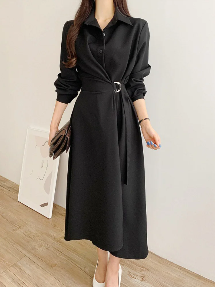 hic A Line Shirt Fashion Button Solid Color Loose Midi Dress