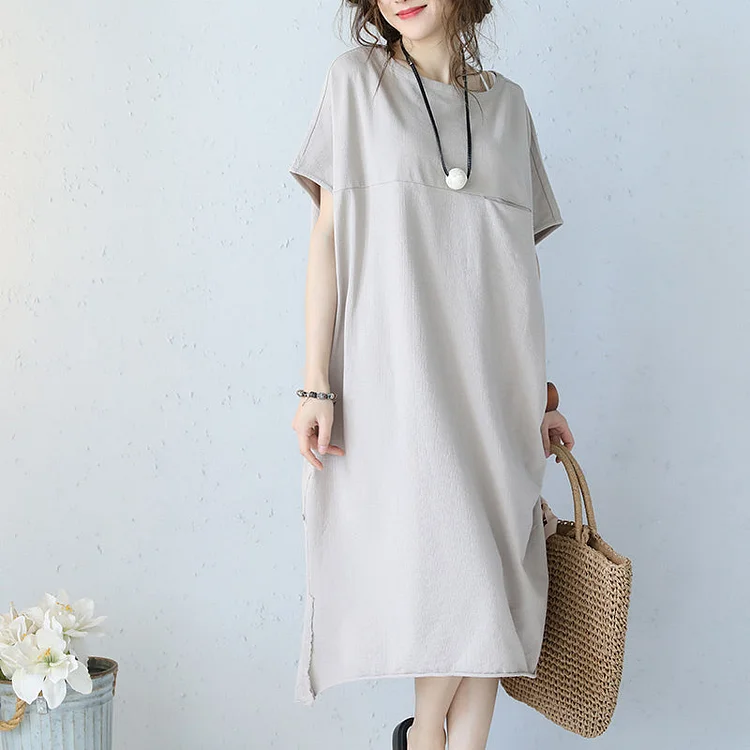 women khaki cotton dress oversize traveling dress boutique short sleeve o neck natural cotton dress