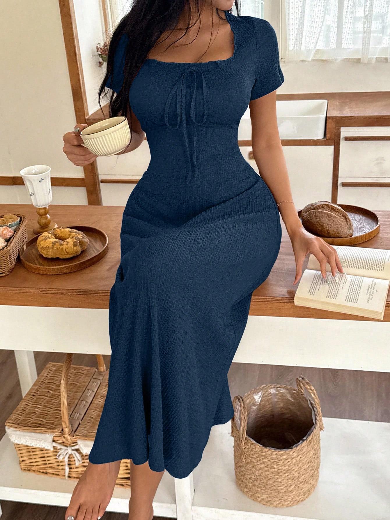 Women's Casual Solid Color Jacquard Gathered Ruffle Trim Square Neck Maxi Loungewear Dress Brown Dress Lounge Dress Summer Dress Tie Front Dress Midi Dress