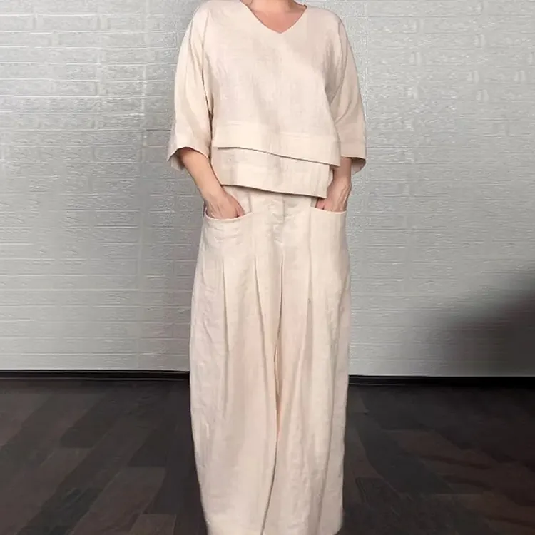 Women's Comfy Linen Blend Double Layer Design V-neck Top And Pants Two-piece Set
