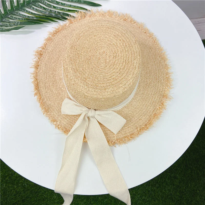 Women's Raffia Sunshade Straw Hat Fresh Flat-Top Bow Tie Sun Hat