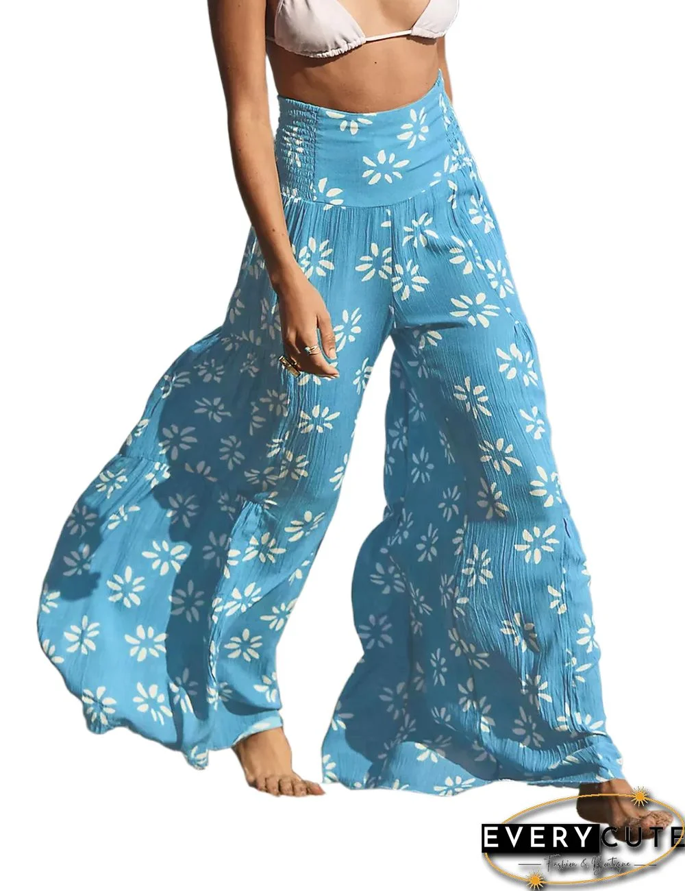 Aquamarine Digital Print Tie Waist Beachwear Wide Leg Pants