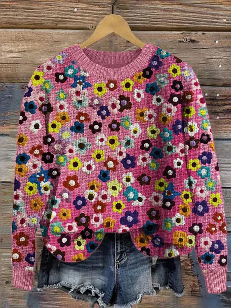 Comstylish Colorful Tiny Floral Cozy Knit Sweater