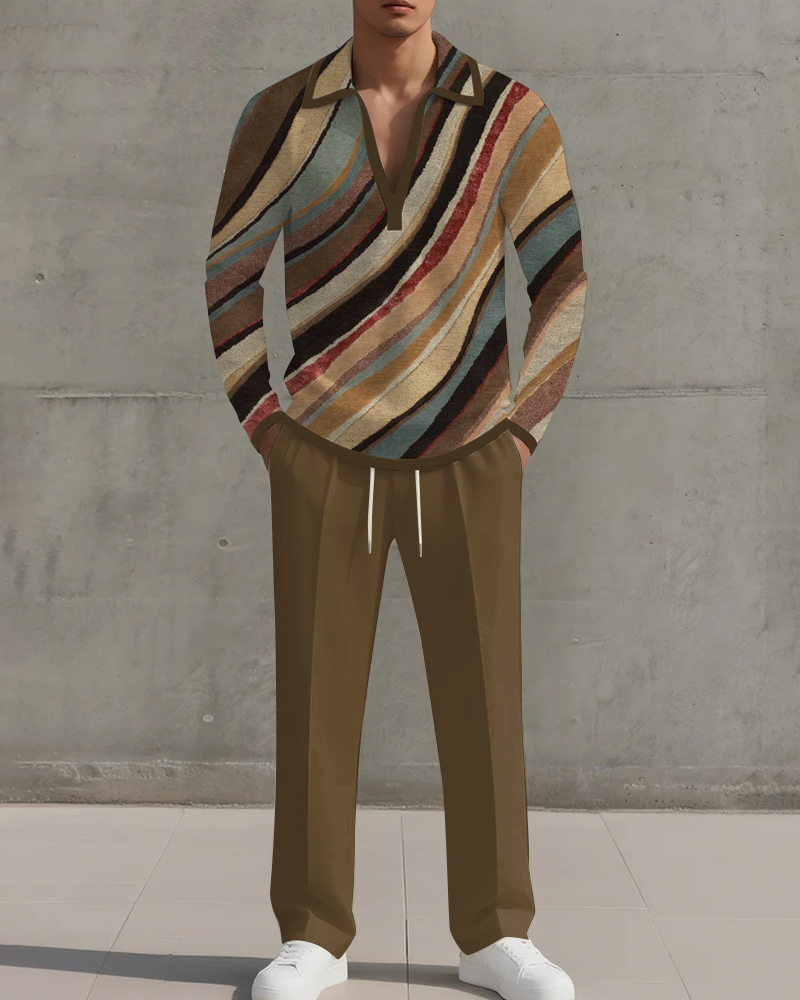 Big & Tall Men's Khachi Geometric Print POLO V-Neck Long Sleeve Pants Two-Piece Set