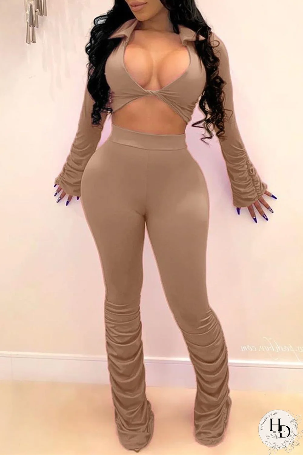 Red Sexy Casual Solid Fold Turndown Collar Long Sleeve Two Pieces