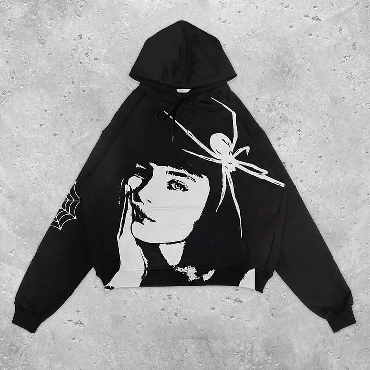 Y2k Fashion Spider Girl Graphic Black Hoodie SOPULA