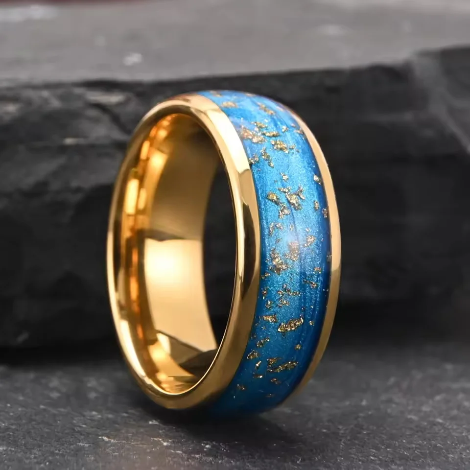 8MM Mens Women Tungsten Carbide Rings Blue Domed Electroplated Gold Foil Couple Bands