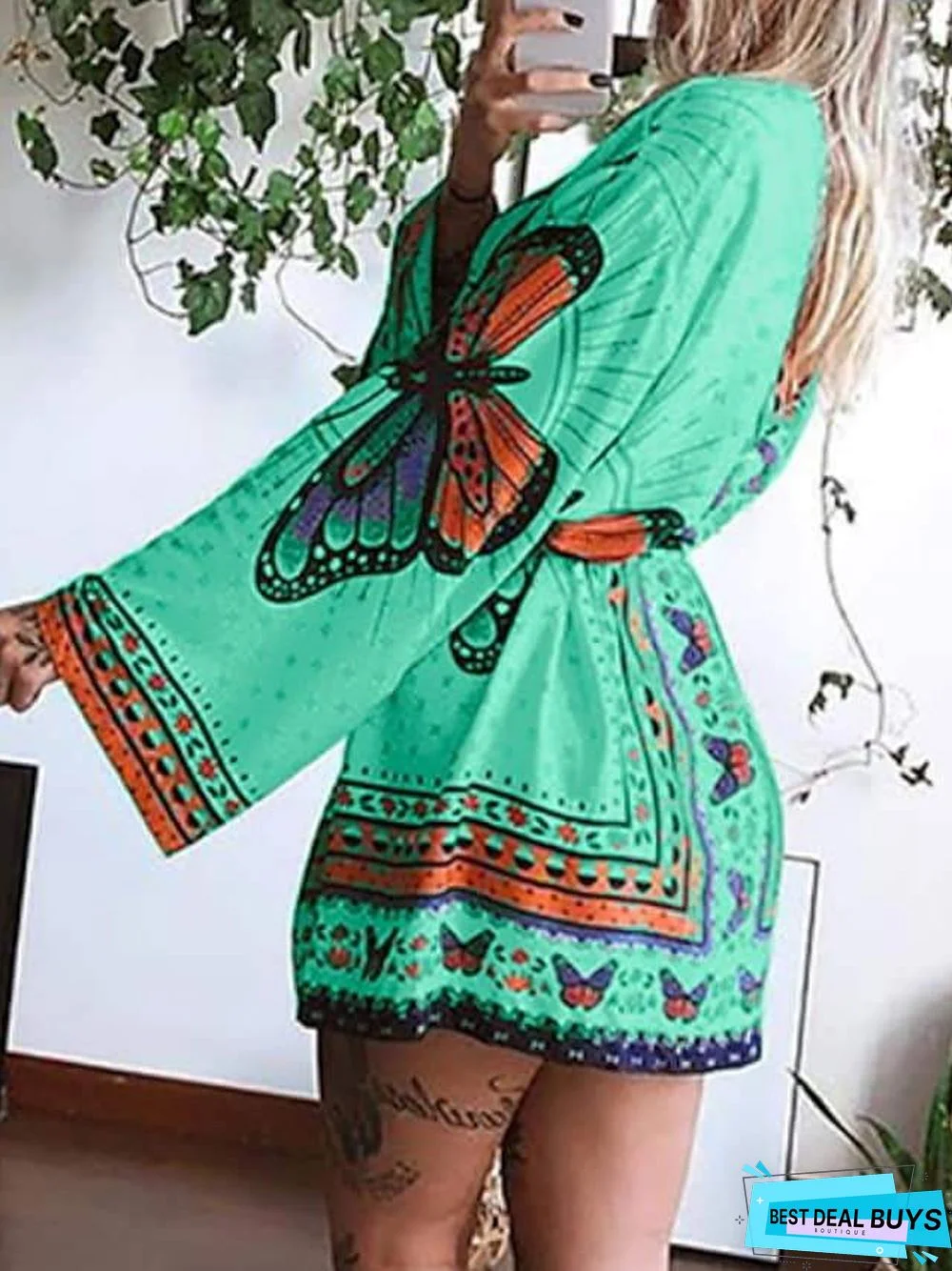 Women's Wrap Dress Short Mini Dress White Blue Green Long Sleeve Animal Lace Up Print Spring Summer V Neck Elegant Casual
