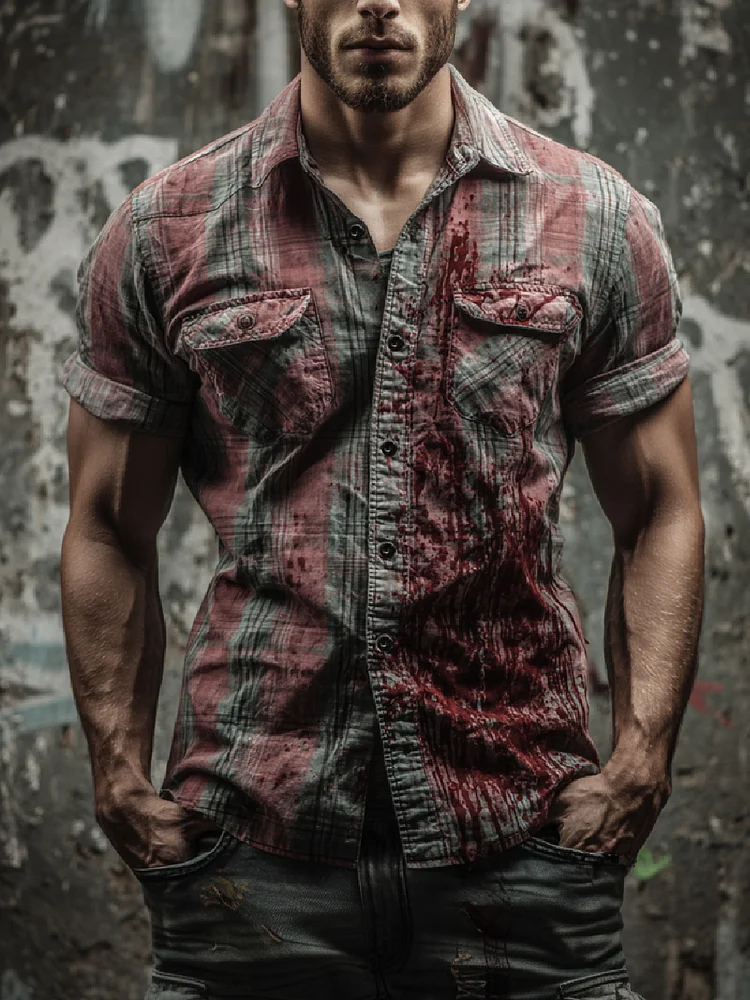 Vintage Blood Art Check Short Sleeve Button-Down Shirt