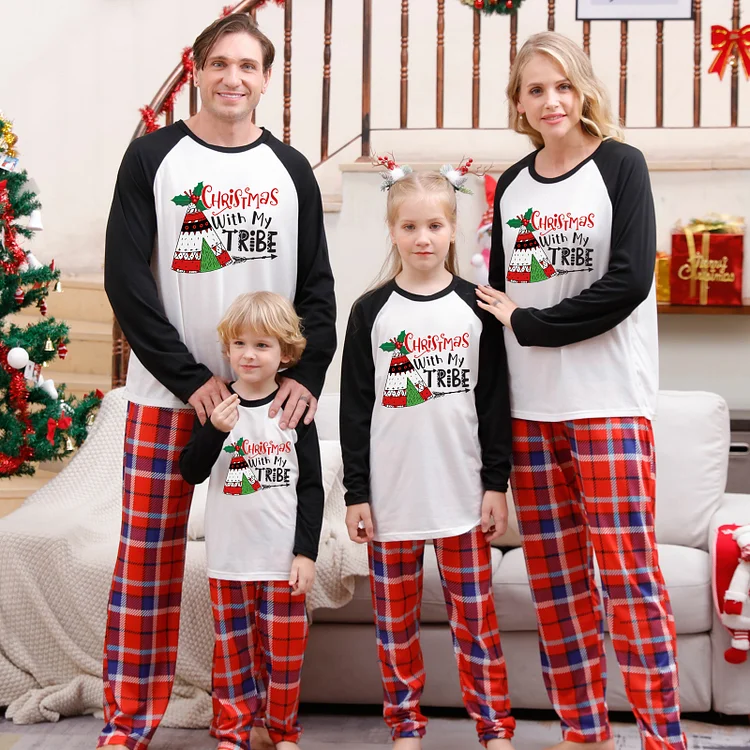 'Christmas with My Tribe' Red Black Plaid Family Matching Pajamas Sets