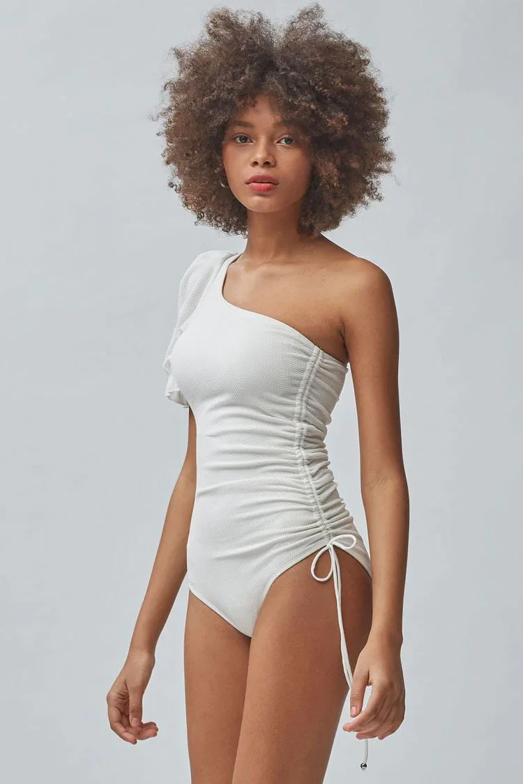 Puff Sleeve Ruched Tie Side One Shoulder One Piece Swimsuit