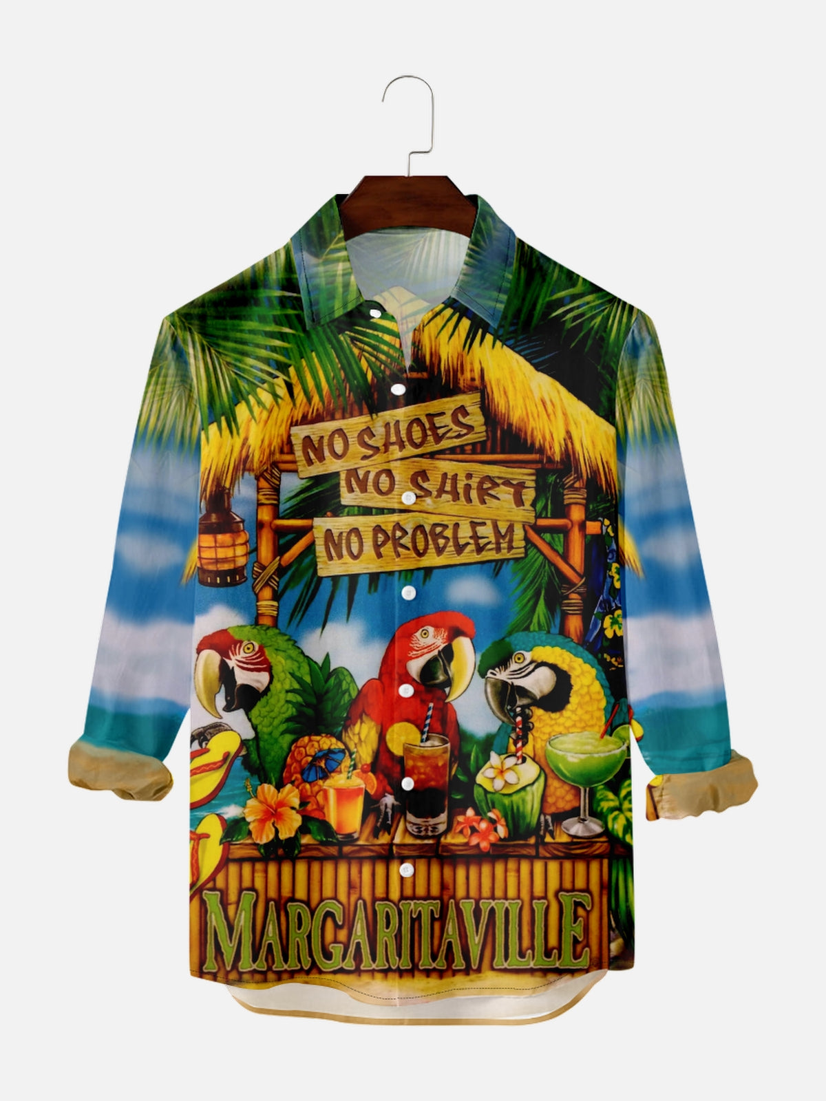 Men's Hawaiian Tiki Print Long Sleeve Shirt PLUSCLOTHESMAN