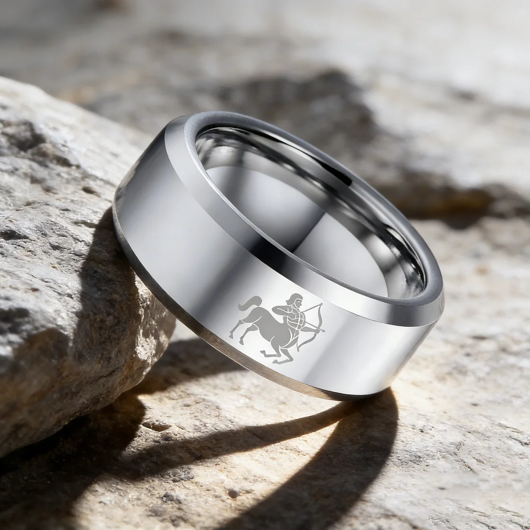 Sliver Sagittarius Couple Wedding Bands Beveled Edges Sliver Laser Etched Tungsten Carbide Rings 4MM 6MM 8MM Width