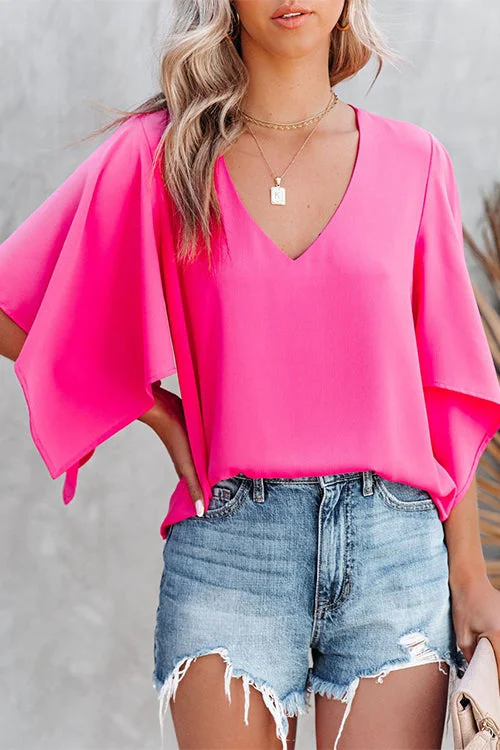 V Neck Flare Sleeve Solid Blouses