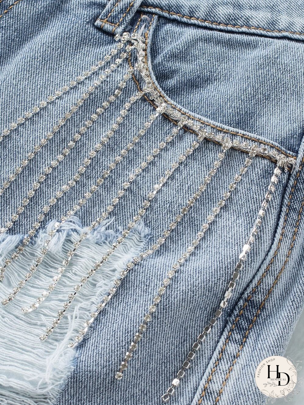 Unique Rhinestone Tassel Denim Shorts