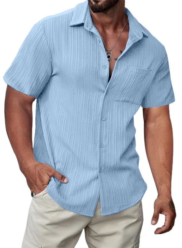 Men's Textured Linen Striped Pocket Everyday Hawaiian Short Sleeve Shirt