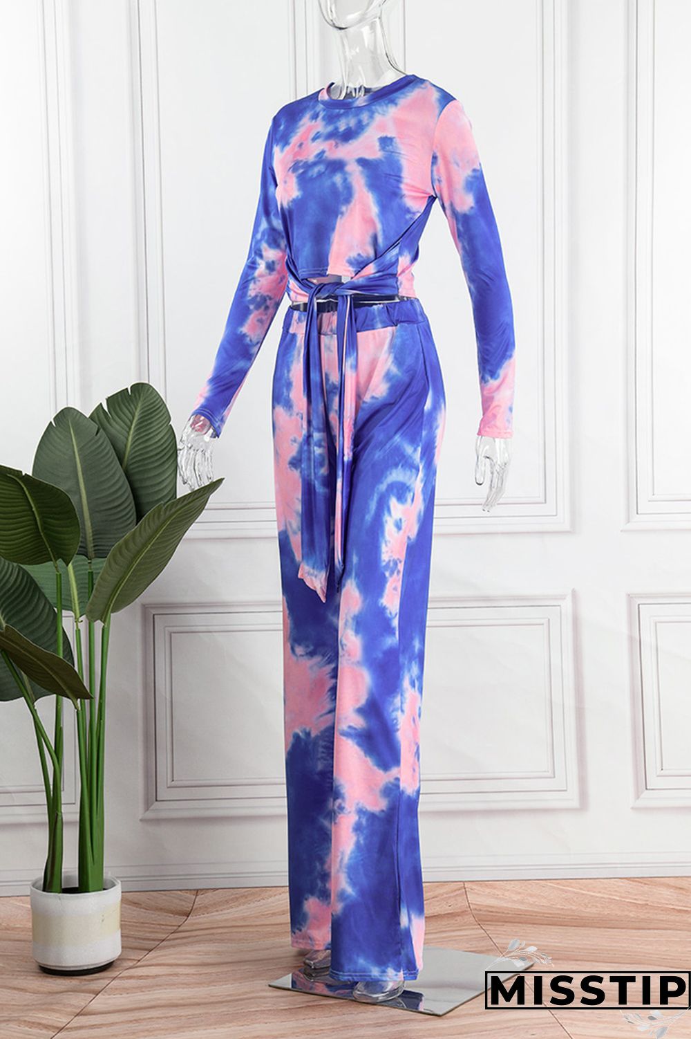 Deep Blue Casual Print Tie-dye O Neck Long Sleeve Two Pieces