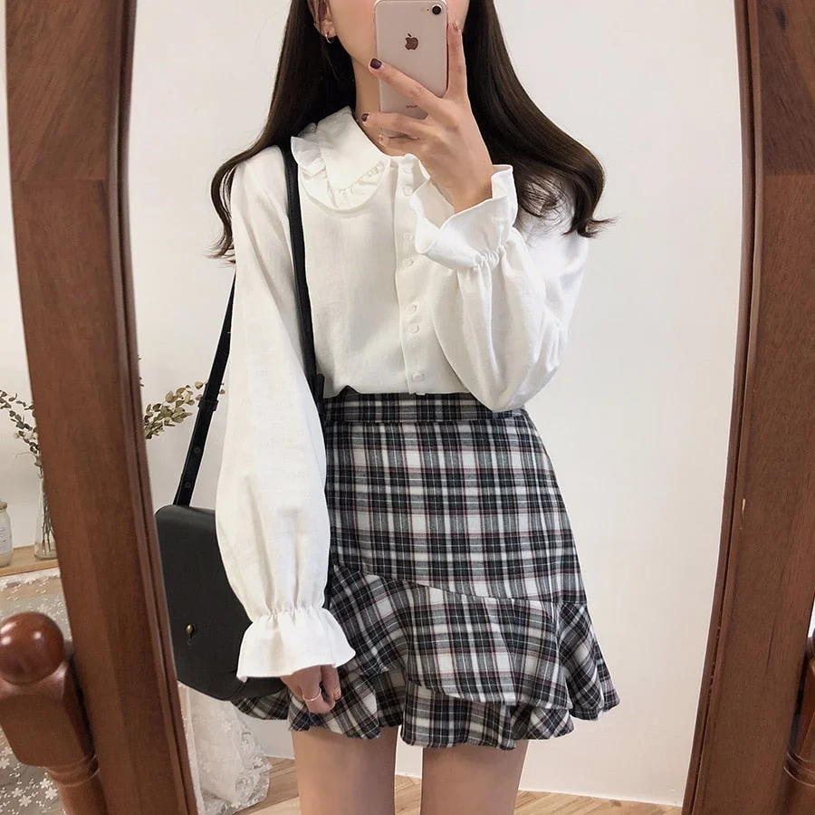 Long Flare Sleeve Blouses Women Peter Pan Collar Preppy Style Students Sweet Teens Leisure Sun-proof Chic Retro Simple All-match