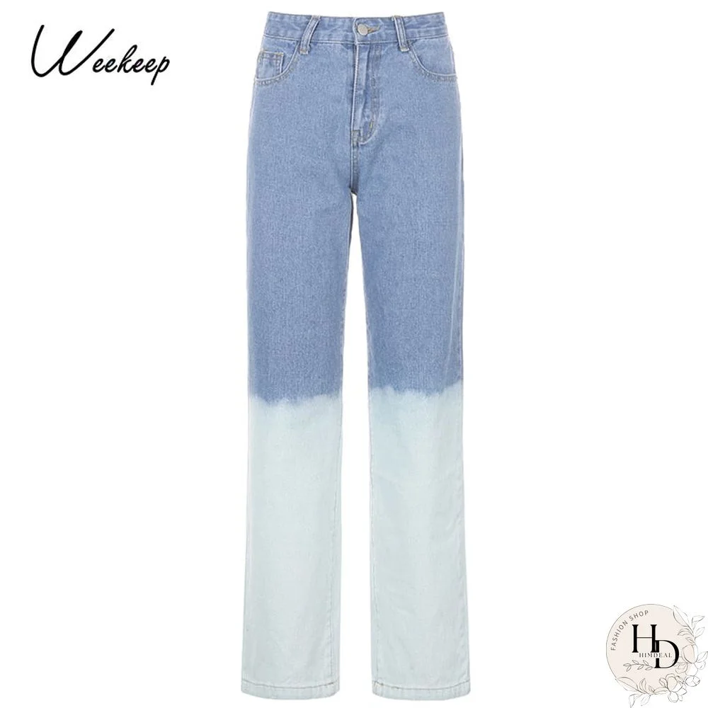 Weekeep Tie Dye Streetwear Fashion Long Jeans Straight Pants 90S Vintage Buttons Fly Cargo Denim Pants Women High Waist Trousers
