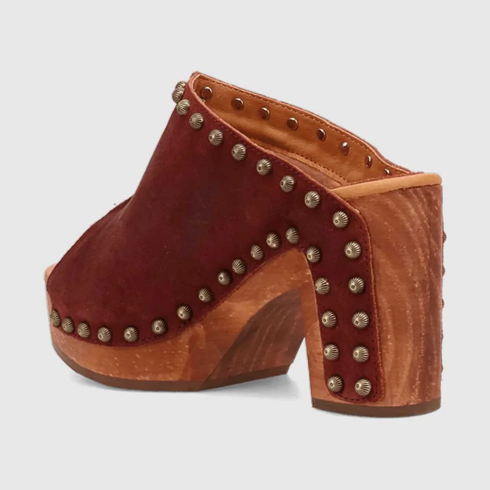 Maroon Peep Toe Studded Clogs Slip On Platform High Heels Sandals