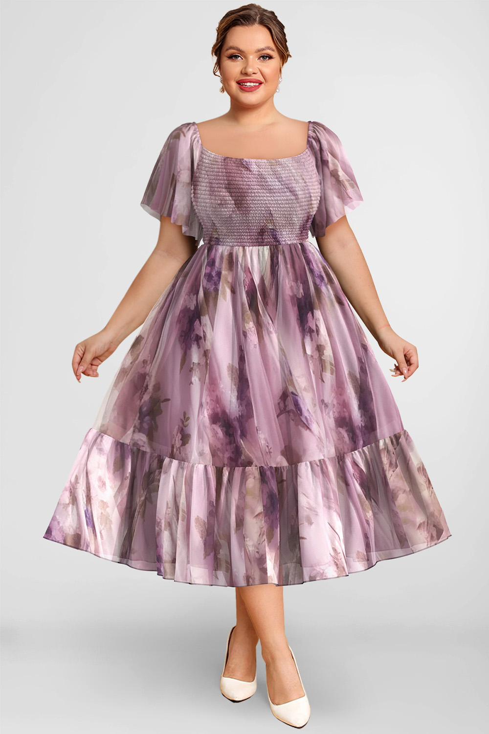 Flycurvy Plus Size Daily Casual Purple Floral Print Flutter Sleeve Smocking Tea-Length Dress 2024 - Flycurvy 