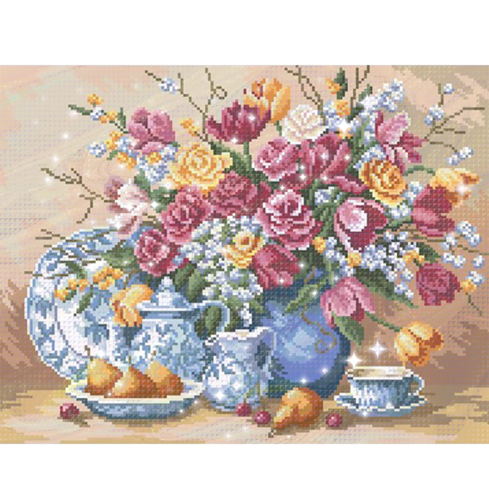 9CT Full Stamped Cross Stitch Bead Embroidery- Flower(Canvas|51*40CM)
