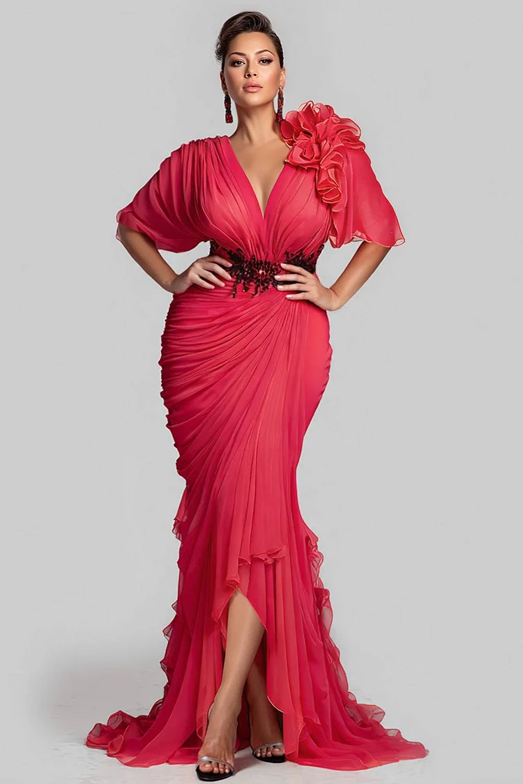 Xpluswear Design Plus Size Formal Red V Neck Short Sleeve Fold Mermaid Chiffon Maxi Dresses [Pre-Order] 2024 - Xpluswear