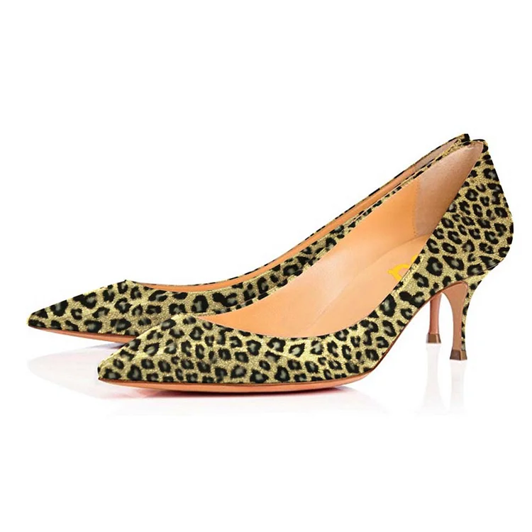 Leopard Print Heels Gold Kitten Heels Pumps |FSJ Shoes