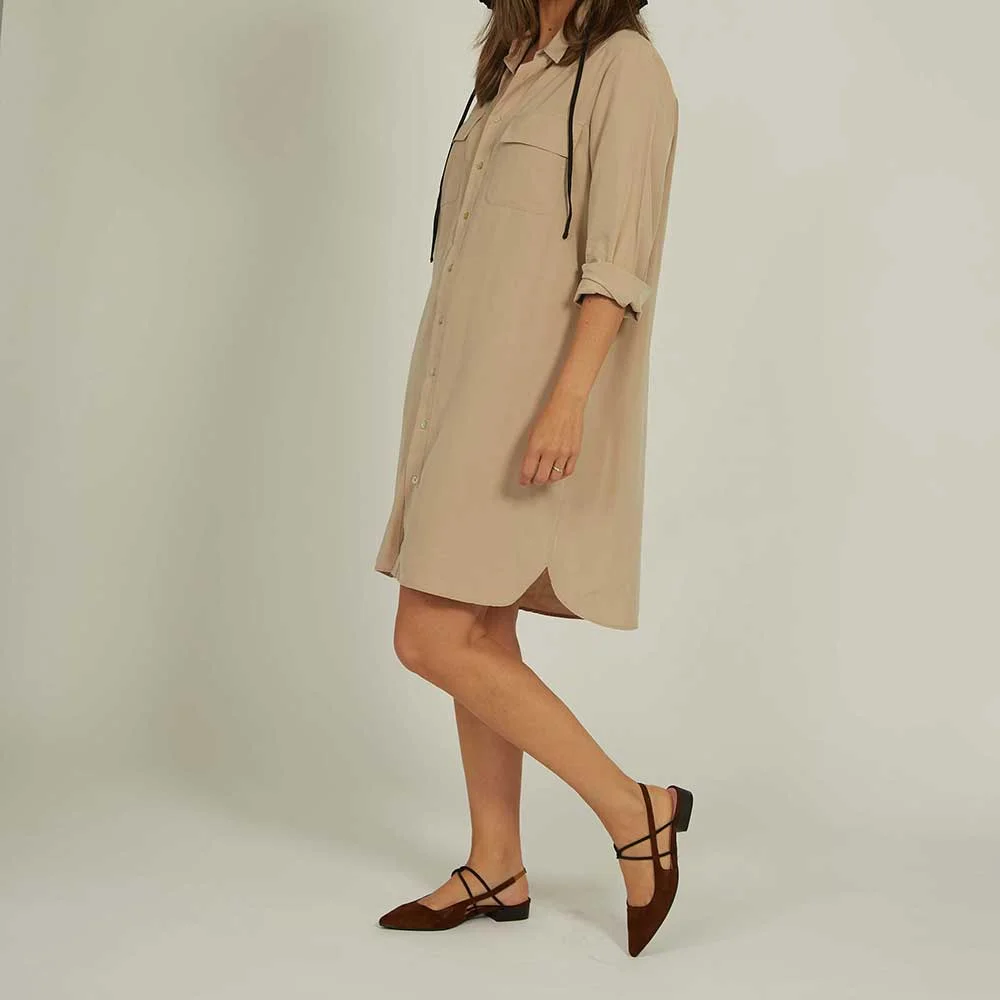 Brown Pointed Toe Chunky Heel Slingback Pumps with Elastic Rope