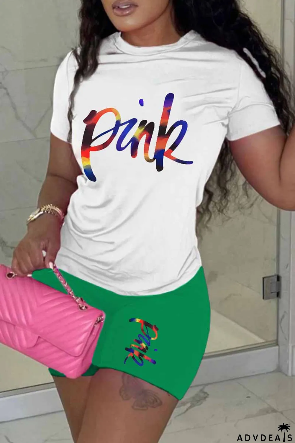 Black Casual Print Letter O Neck Short Sleeve Two Pieces