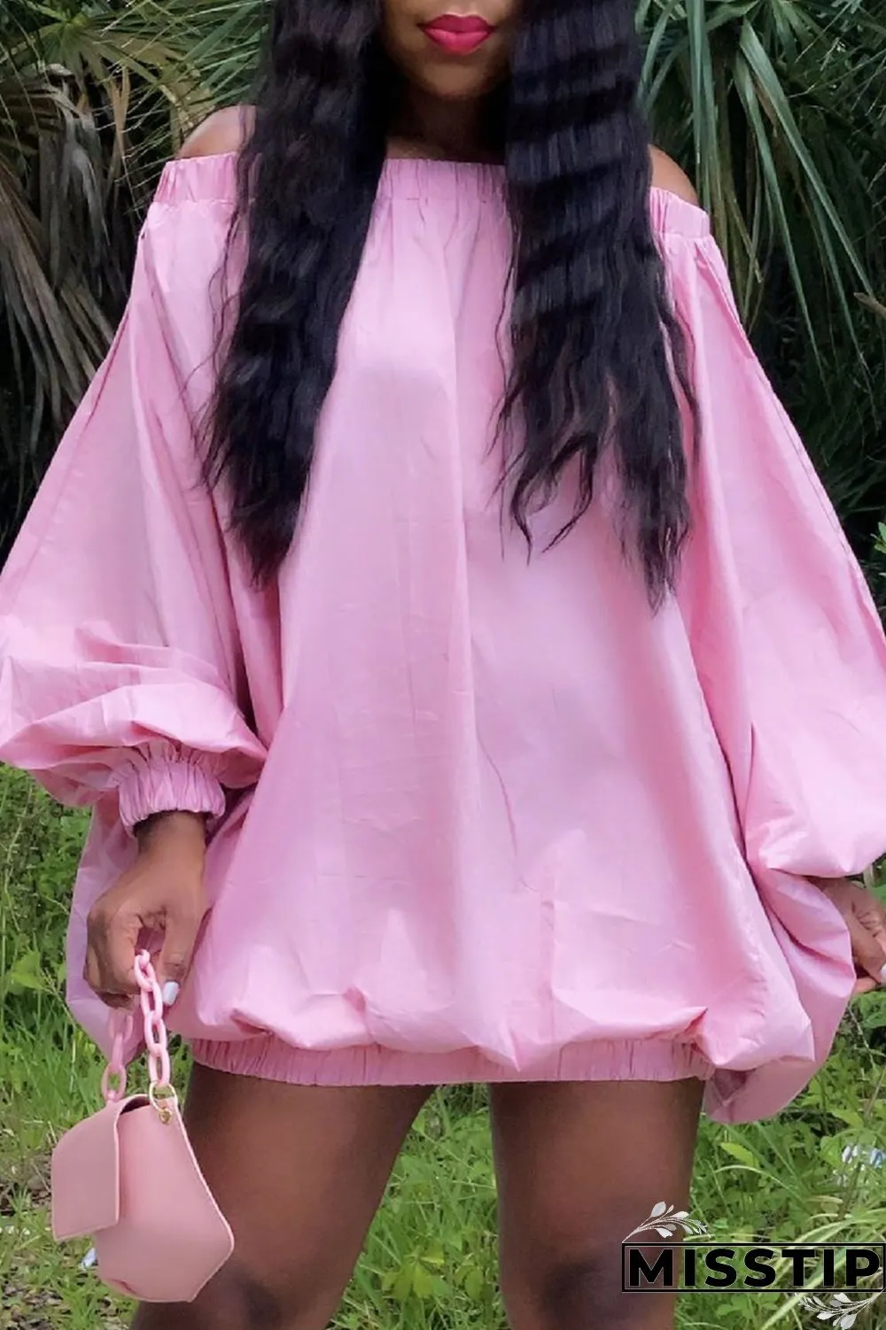 Pink Sexy Casual Solid Backless Off the Shoulder Long Sleeve Dresses