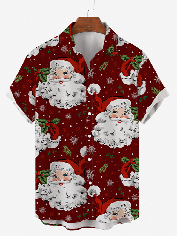 Men Christmas Father Snowflake Print Front Pocket Short Sleeves Shirt PLUSCLOTHESMAN