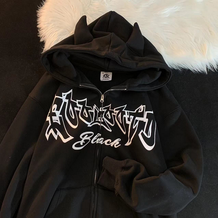 2023 fashion oversize sweatshirt Street trend loose casual coat Women retro devil wings letter printing zipper hoodie Thickened