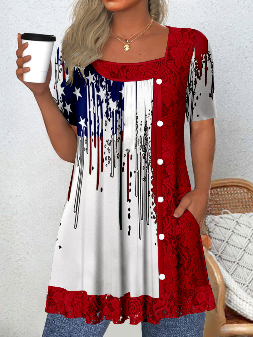 Women's Short Sleeve Scoop Neck Graphic Lace Star Printed Tops