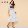 SHEIN White Mesh Yoke Polka Dot Ruffle Hem Vintage Summer Long Dress Women Bishop Sleeve Fit and Flare A Line Elegant Dresses