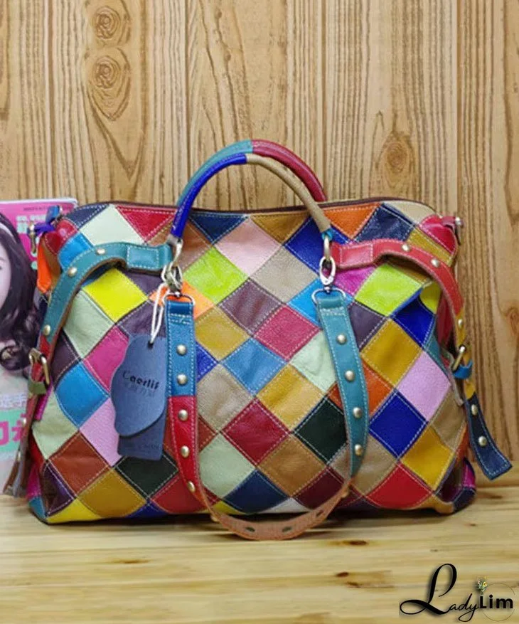 European And American Fashion Contrasting Plaid Patchwork Rivet Handbag